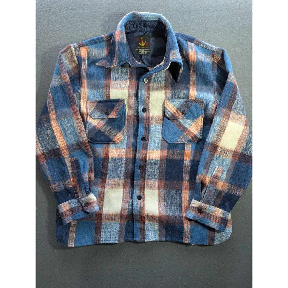 Vintage CPO Men’s L Wool Blend Plaid Shirt Jacket Blue Orange Quilted Lined